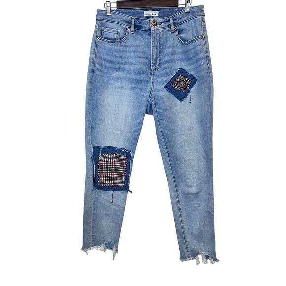 Ann Taylor LOFT Patchwork Button Distress Denim Jeans Size 12 Light Wash Stretch - Picture 1 of 12